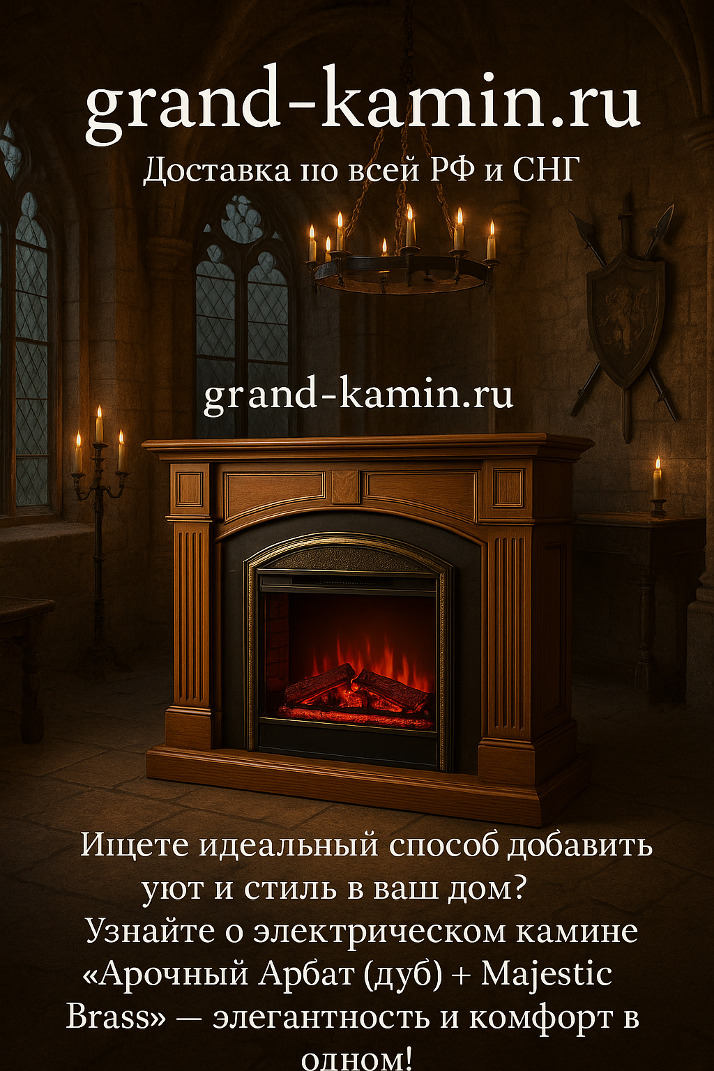 Подробнее о статье Электрический камин ‘Арочный Арбат (дуб)+Majestic Brass’ для уюта и стиля