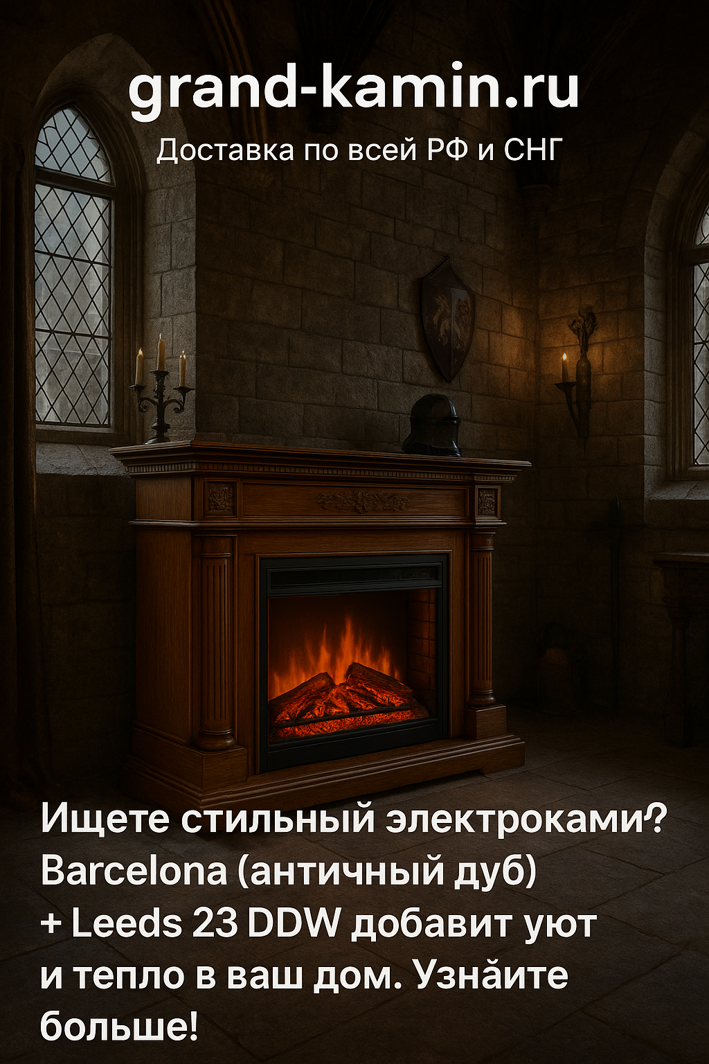 Подробнее о статье Электрический камин Barcelona (античный дуб)+Leeds 33 SDW – стильный и функциональный декор для вашего интерьера