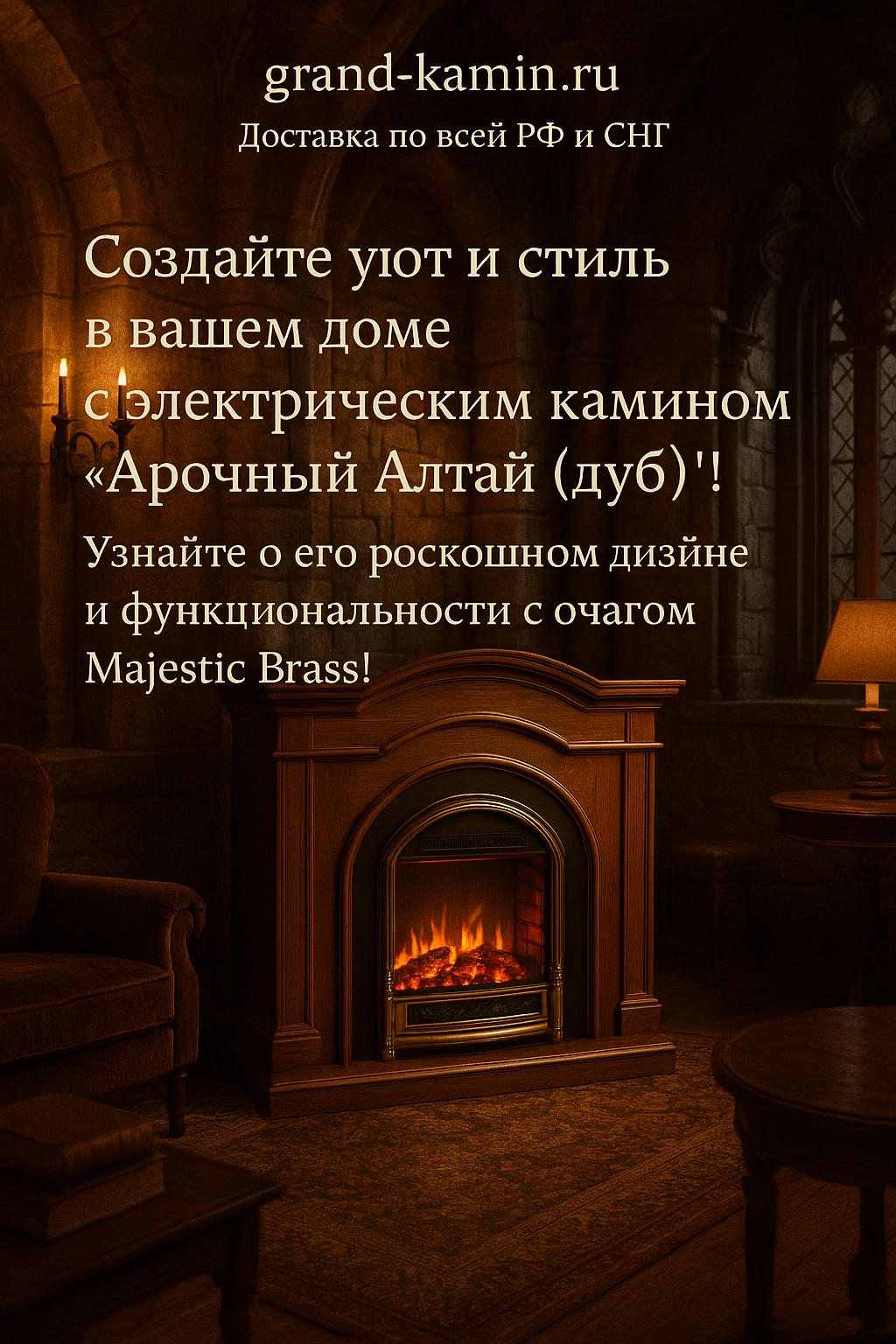 Подробнее о статье Электрический камин Арочный Алтай (дуб) с Majestic Brass – идеальное сочетание стиля и технологии